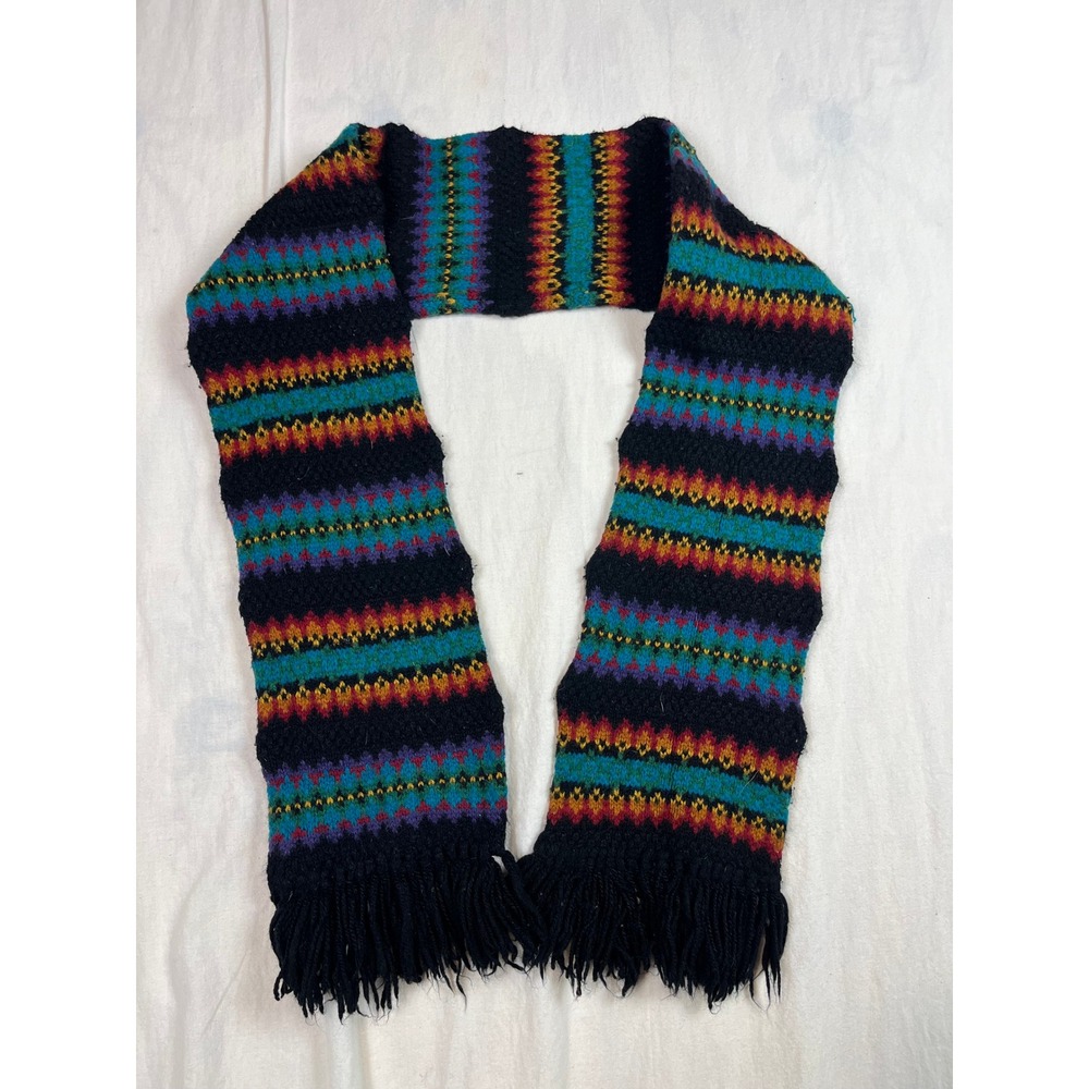 Vintage Notice Fair Isle Knit Scarf Black‎ Multi Color Geometric Fringe Acrylic